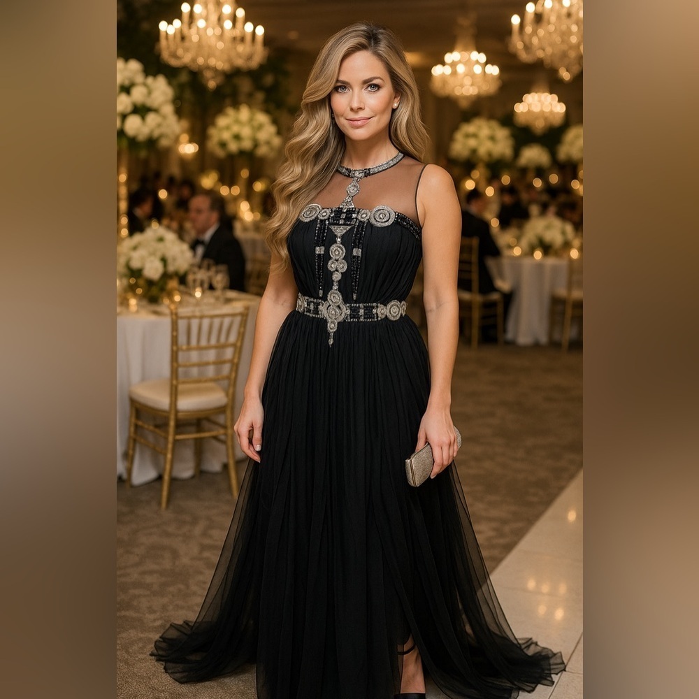 Naeem Khan gown embellished with allover embroidery Round neckline; open back